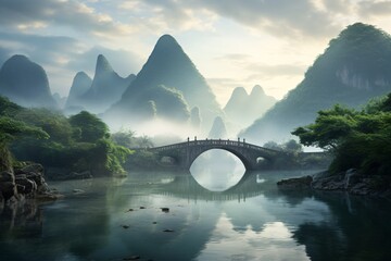Li River over a river with mountains in the background - obrazy, fototapety, plakaty