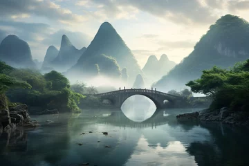 Poster Li River over a river with mountains in the background © Victor