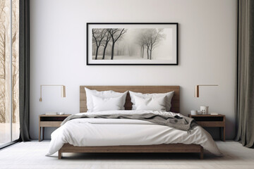 Minimalistic elegance in a bedroom, a blank white frame complementing the simplicity of a monochromatic color scheme.