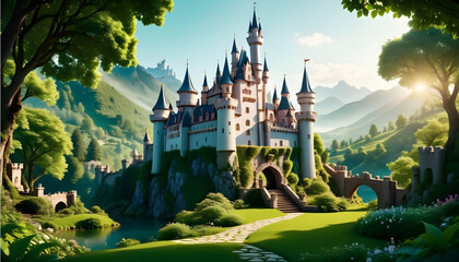 Whimsical fairytale castle in a lush landscape - obrazy, fototapety, plakaty