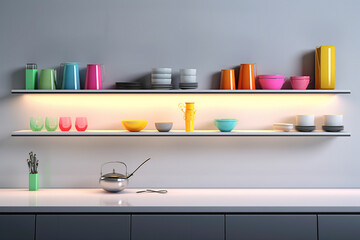 Minimalistic kitchen setup with bursts of color in accessories, clean lines, and a simple yet inviting atmosphere, in HD detail.