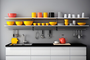 Minimalistic kitchen setup with bursts of color in accessories, clean lines, and a simple yet inviting atmosphere, in HD detail.