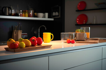 Minimalistic kitchen setup with bursts of color in accessories, clean lines, and a simple yet inviting atmosphere, in HD detail.