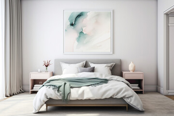 Fototapeta na wymiar Minimalistic serenity in a bedroom, a blank white frame harmonizing with a wall adorned with soft, pastel-hued artwork.