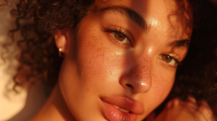 Model girl with shiny healthy glowing curly hair