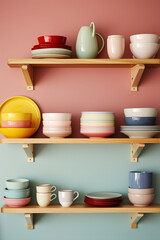Minimalistic wooden shelves holding neatly arranged colorful dinnerware against a pastel-colored wall.