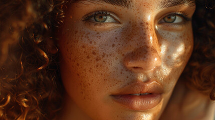 Model girl with shiny healthy glowing curly hair - obrazy, fototapety, plakaty