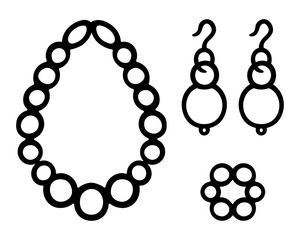 Collection of jewelry. Sketch. Set of vector illustrations. Pearl beads, a wrist bracelet made of large, round beads, a pair of long earrings with a hook. Precious item made of pearls.