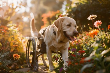 Disabled labrador dog joyfully walking with the assistance of a harness wheelchair in a sunny park