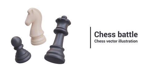 Chess battle concept. Set of realistic black and white game figures