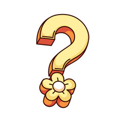 Groovy cartoon question mark with flower instead of dot. Funny retro interrogation symbol, FAQ and information for customers mascot, cartoon question sign sticker of 70s 80s style vector illustration