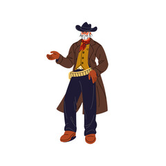 Old american wild west sheriff in hat stand. Bearded texas cowboy. Historic mexican gangster in coat. Western bandit with bandana, cartridge belt. Flat isolated vector illustration on white background