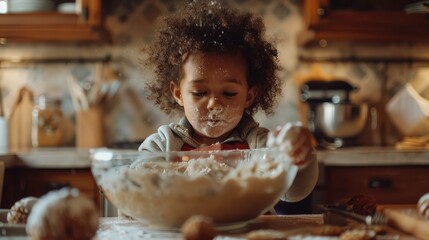 Child Eagerly Helps Mix Cookie Dough in Kitchen. - obrazy, fototapety, plakaty