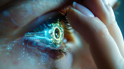 Smart contact lens with digital biometrics. Wearable computing, cybernetics and futuristic holographic vision. - obrazy, fototapety, plakaty