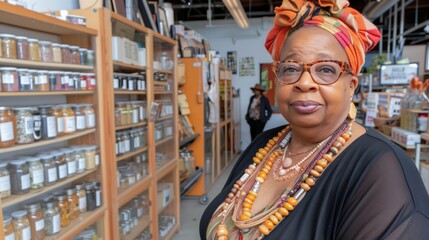 African American Businesswoman in Herbal Store with Natural Products