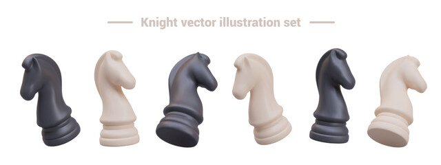 Set of black and white chess knights in different positions