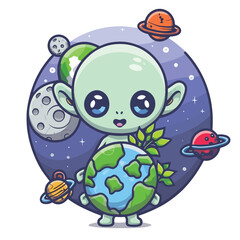 Obraz premium 2d vector illustration chibi cute alien, holding sphere earth plant , full body , clean shape and line, white background, random moon background 