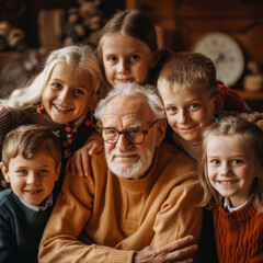 A family portrait of an elderly man and his grandchildren gathered together to celebrate the patriarch's birthday at home