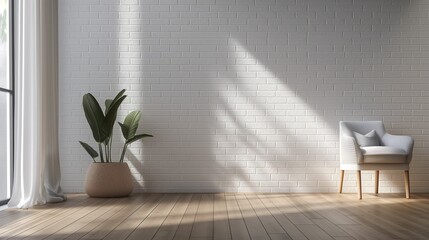 Design a minimalist interior white brick wall and wooden floor.