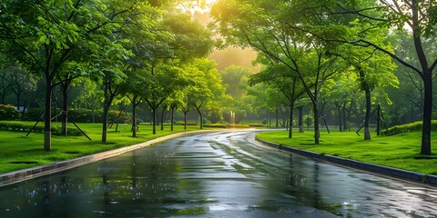 Sustainable Rainwater Management in Urban Landscapes with Treelined Streets and Sidewalks. Concept Rainwater Management, Urban Landscapes, Treelined Streets, Sustainable Practices, Sidewalks