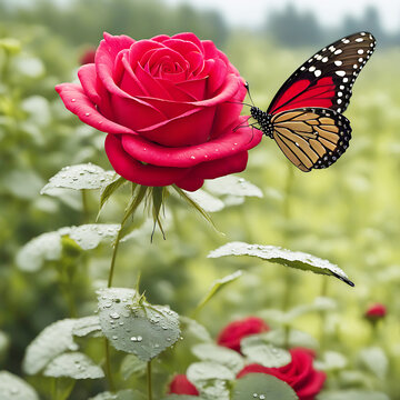 Water Drops on Rose Flower. Butterfly flying. Generated AI