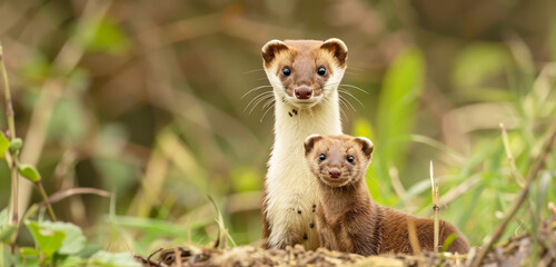 A stoat and its young look up, alert in a green field.