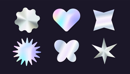 Holographic y2k future metal badge, stamp, trndy coloded sticker set heart and abstract shapes. Silver foil tag collection. Vector illustration