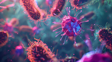 close up of colorful bacteria and virus in human body. 