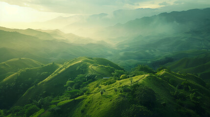 panorama of the mountains, High angel of green valley with natural light