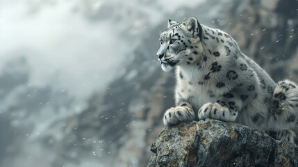 Obraz premium Snow leopard perched on rock with snowy mountain background.