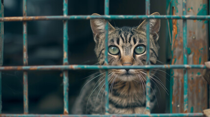Lonely and sad cat in a cage