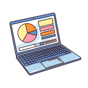 Groovy cartoon laptop with pie chart on screen. Funny retro computer with data analysis dashboard, financial analytics, statistics mascot. Cartoon laptop sticker of 70s 80s style vector illustration