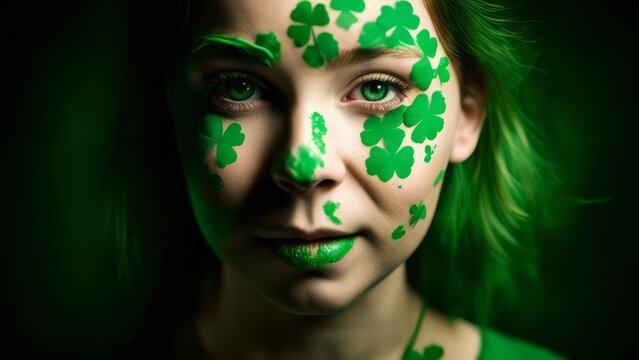 The girl decorated her face with clover for St. Patrick's Day.