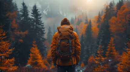 A man stands in a forest with a backpack amidst misty trees