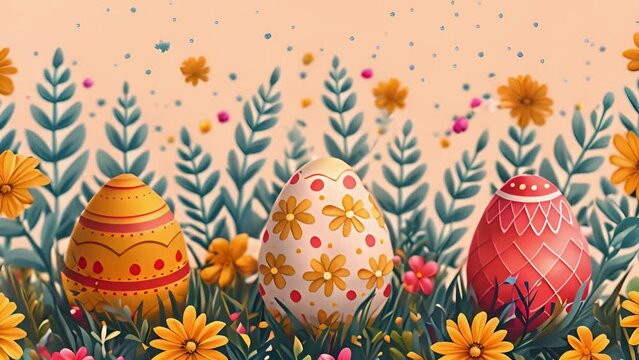 Animated watercolor Easter eggs amidst colorful spring blooms.