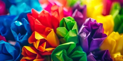 Deurstickers Multicolored origami flowers in a vibrant spectrum, ideal for creative and educational use © Dougie C