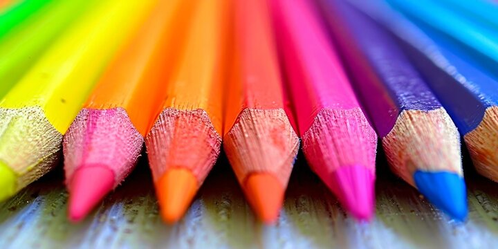 Sharp, colorful pencils in a row, showcasing a vibrant gradient from red to purple.