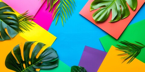 Tropical monstera and palm leaves artfully placed on a collage of colorful geometric backgrounds.