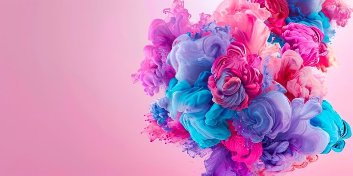 Surreal ink clouds in pink, blue, and purple hues creating a fluid artistic explosion on a soft background.