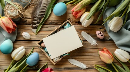 Fototapeta na wymiar Easter Card Surrounded by Pastel Eggs and Tulips Flat lay
