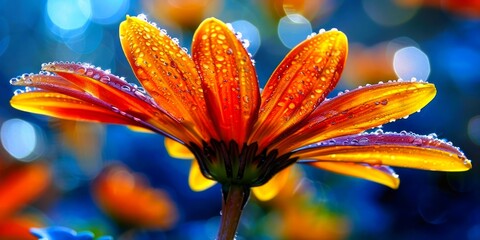Daisy flower shimmering with dew, highlighted by vivid orange and blue bokeh lights