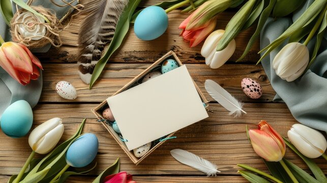 Easter Card Surrounded by Pastel Eggs and Tulips Flat lay