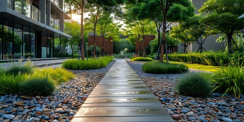 Green urban landscape managing rainwater with treelined streets sidewalks for sustainability. Concept Green Infrastructure, Tree-Lined Streets, Rainwater Management, Urban Sustainability