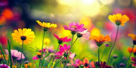 Fototapeta premium Sunlit wildflowers cast vibrant hues across a radiant meadow.