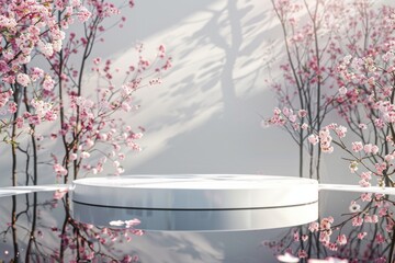  Podium platform for product presentation. Round minimalistic, with cherry blossom branches