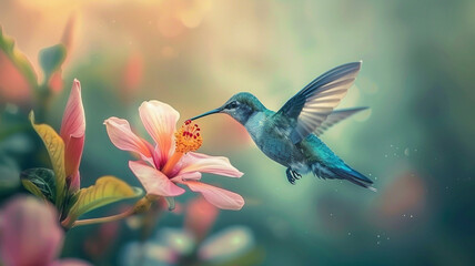 A vibrant hummingbird hovers near a pink flower in a natural setting, creating a beautiful and harmonious scene in nature - obrazy, fototapety, plakaty