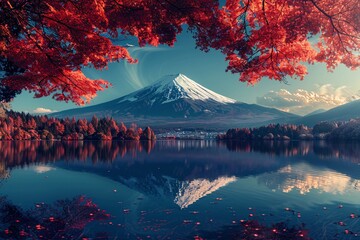 Mount Fuji with red leaves over water