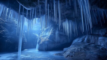 Ice cave with icicles. - obrazy, fototapety, plakaty