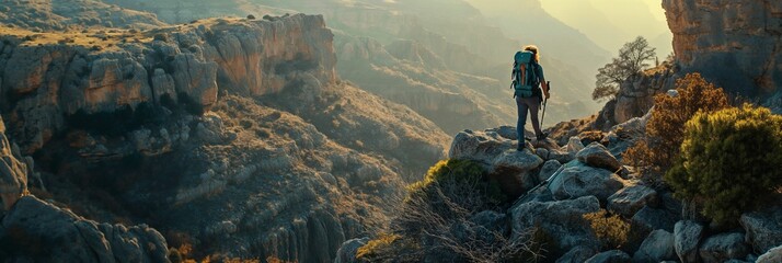 Hiker with a backpack standing on a rocky outcrop. - obrazy, fototapety, plakaty