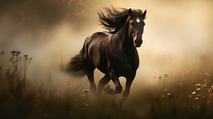 Image of a black horse galloping through a misty meadow. - obrazy, fototapety, plakaty